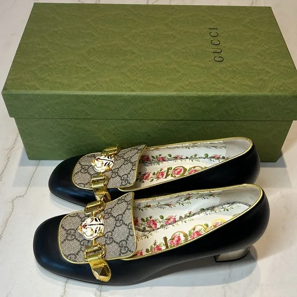 Gucci with Leather GG Supreme Embellished Mid-Heel Loafer Pump (Size 40) - Picture 9 of 13